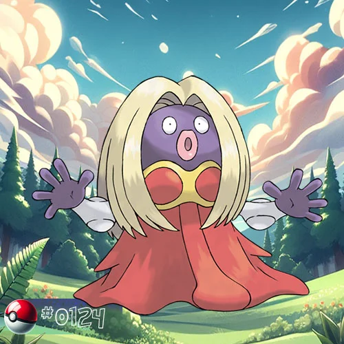 Jynx Pokémon dancing amidst forest snowflakes