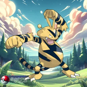 Electabuzz Pokémon charging up with electricity in a forest storm