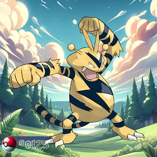 Electabuzz Pokémon charging up with electricity in a forest storm