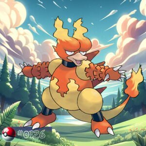 Pokémon Generation I 164 Magmar Pokémon surrounded by flames in a forest blaze