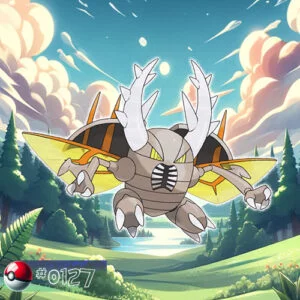 Flying type 23 Mega Pinsir Pokémon with unique horns in a dense forest