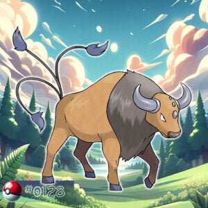 Pokémon Generation I 166 Tauros Pokémon stampeding through a forest meadow