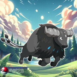 Pokémon Generation I 169 Paldean Form Aqua Breed Tauros Pokémon splashing through a forest stream