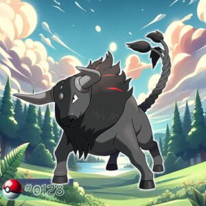 Pokémon Generation I 168 Paldean Form Blaze Breed Tauros Pokémon charging through the forest