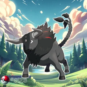 Paldean Form Blaze Breed Tauros Pokémon charging through the forest