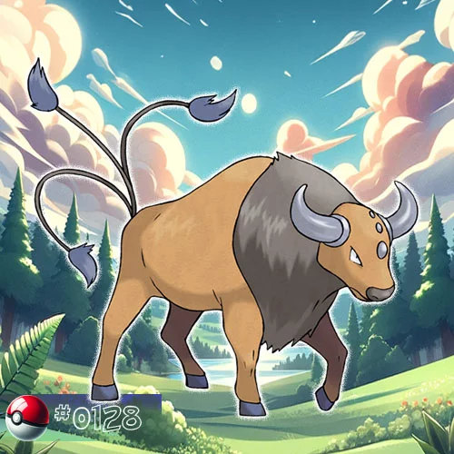 Tauros Pokémon stampeding through a forest meadow