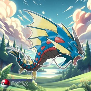 Dark type 18 Gyarados Pokémon emerging from a forest lake