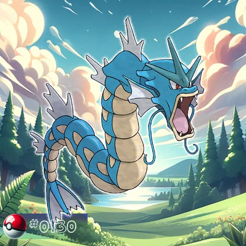 Gyarados Pokémon emerging from a forest lake