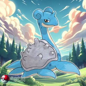 Pokémon Generation I 172 Lapras Pokémon gliding gracefully in a forest fjord