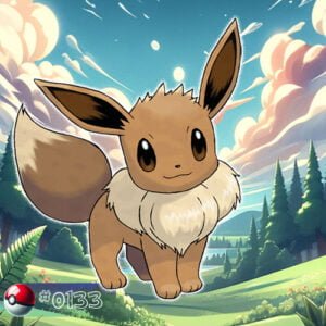 Pokémon Generation I 174 Eevee Pokémon with fluffy fur in a sunlit forest glade