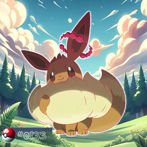 Special unique Eevee form, Pokémon with fluffy fur in a sunlit forest glade