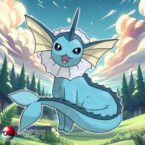 Pokémon Generation I 175 Vaporeon Pokémon surrounded by mist in a forest waterfall
