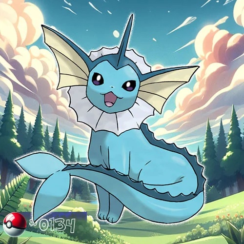 Vaporeon Pokémon surrounded by mist in a forest waterfall