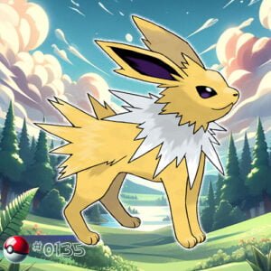 Pokémon Generation I 176 Jolteon Pokémon crackling with electricity in a forest storm