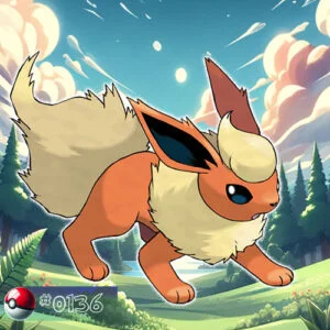 Flareon Pokémon basking in warm sunlight in a forest clearing