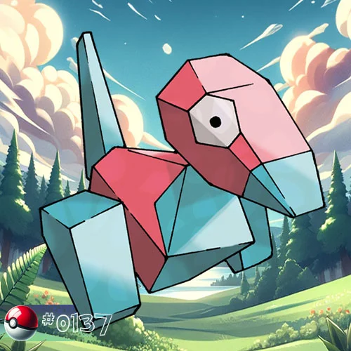 Porygon Pokémon digitized amidst virtual forest scenery