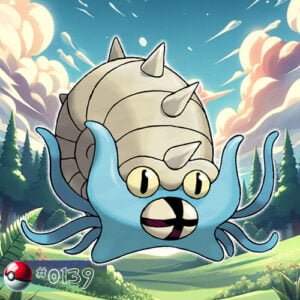 Pokémon Generation I 180 Omastar Pokémon with spiral shell amidst forest ferns