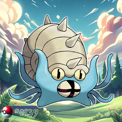 Omastar Pokémon with spiral shell amidst forest ferns