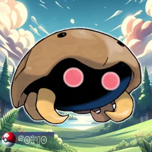Rock type 25 Kabuto Pokémon emerging from a forest streambed