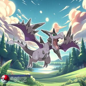 Aerodactyl Pokémon flying high above the forest