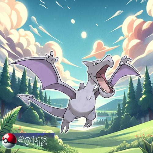 Aerodactyl Pokémon soaring high above the forest