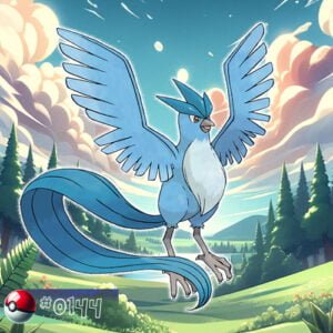 Pokémon Generation I 185 Articuno Pokémon gliding gracefully over a snowy forest landscape