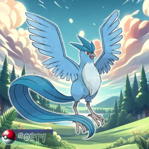 Flying type 27 Articuno Pokémon gliding gracefully over a snowy forest landscape