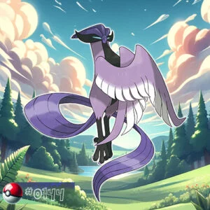 Flying type 28 Galarian Form Articuno Pokémon perched on a frost-covered branch in the forest
