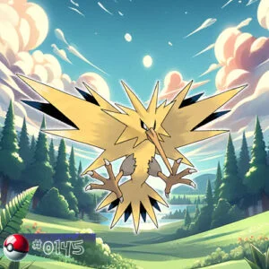 Flying type 29 Zapdos Pokémon crackling with electric energy in a forest storm