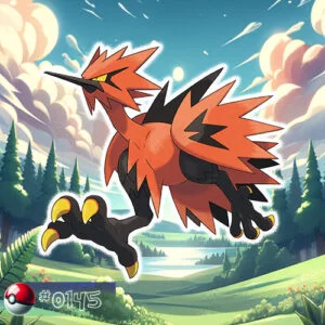 Flying type 30 Galarian Form Zapdos Pokémon commanding lightning in the heart of the forest