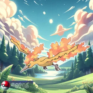 Flying type 31 Moltres Pokémon soaring high above a forest engulfed in flames