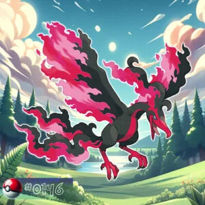 Flying type 32 Galarian Form Moltres Pokémon spreading its fiery wings amidst a forest inferno