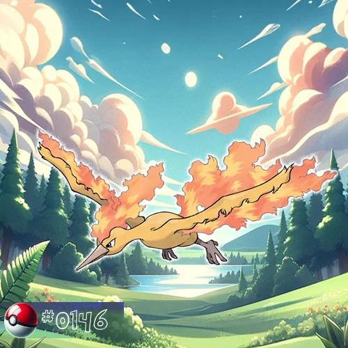 Moltres 32 Moltres Pokémon soaring high above a forest engulfed in flames