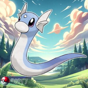 Pokémon Generation I 191 Dratini Pokémon swimming gracefully in a forest river