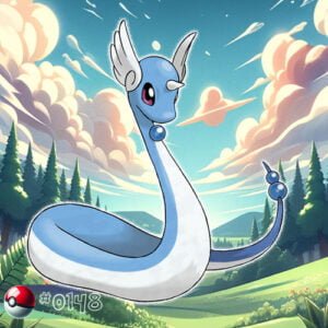 Pokémon Generation I 192 Dragonair Pokémon coiling elegantly in a serene forest glade