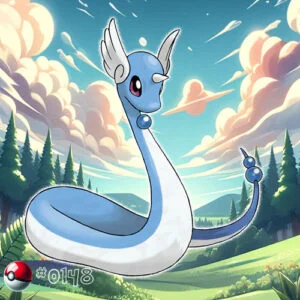 Dragon type 19 Dragonair Pokémon coiling elegantly in a serene forest glade
