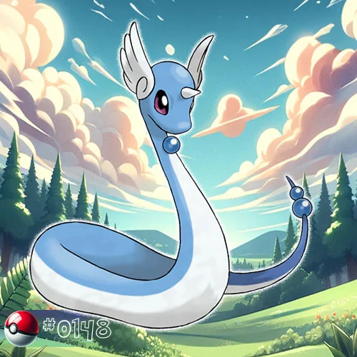Dratini 5 Dragonair Pokémon coiling elegantly in a serene forest glade
