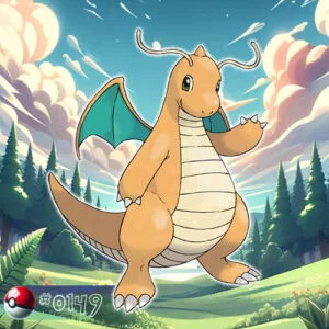 Flying type 33 Dragonite Pokémon flying majestically over the forest treetops