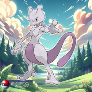 Pokémon Generation I 194 Mewtwo Pokémon standing ominously in the heart of the forest