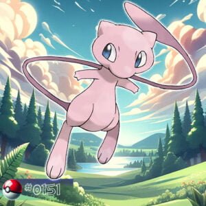 Pokémon Generation I 195 Mew Pokémon peeking out curiously from behind a forest tree
