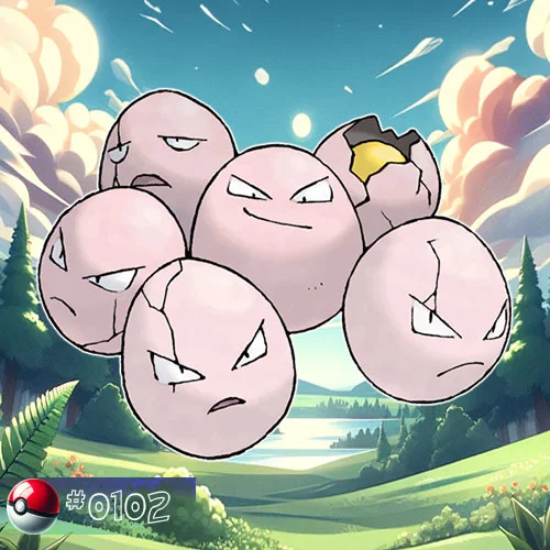 Exeggcute looks like a group of six pink, egg-like Pokémon with cracked shells and small faces.