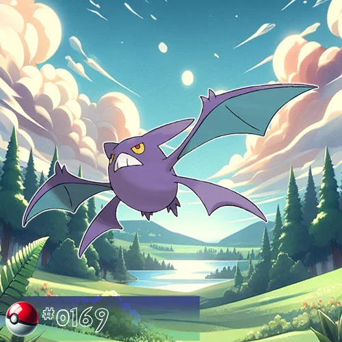 Crobat, a Poison/Flying-type Pokémon that has a purple body with large, bat-like wings and an additional set of smaller wings on its lower body.