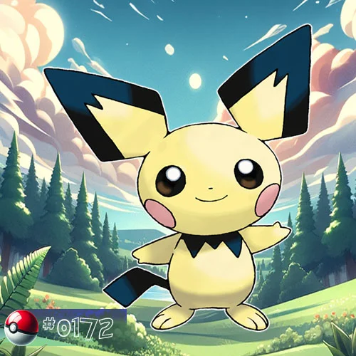 Pichu is an adorable, small, yellow mouse-like Pokémon with pink cheeks and large ears that are black at the tips.