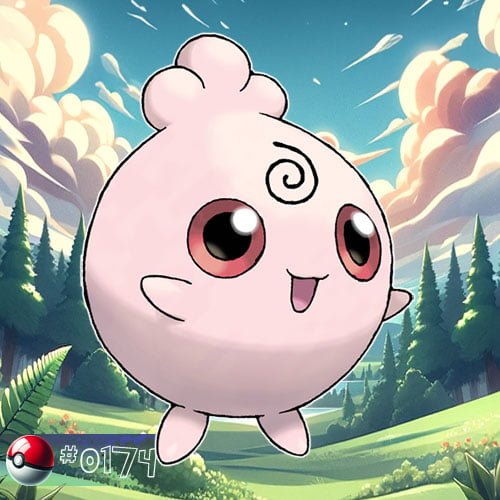 Igglybuff is a round, pink baby Pokémon with large, red eyes and a small curl of hair on its forehead.
