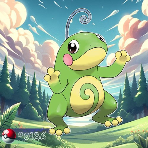 Poliwhirl 9 Politoed is a green, frog-like Pokémon with yellow hands and feet, and a spiral pattern on its belly.