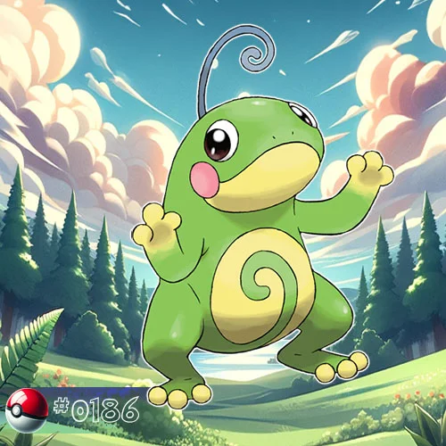 Politoed is a green, frog-like Pokémon with yellow hands and feet, and a spiral pattern on its belly.
