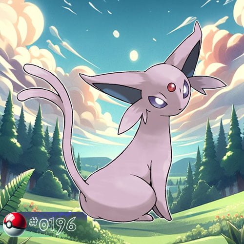 Eevee 5 Espeon is a sleek, lavender, cat-like Pokémon with a red gem on its forehead and large ears.