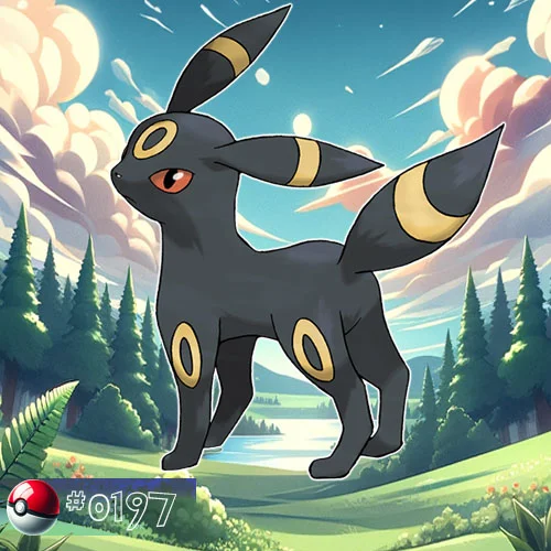Umbreon is a sleek, black, fox-like Pokémon with yellow rings on its body and red eyes.