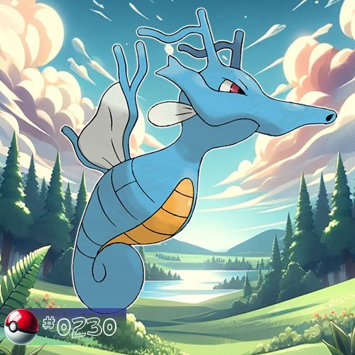 Kingdra is a blue, seahorse-like Pokémon with fin-like appendages and a long snout.