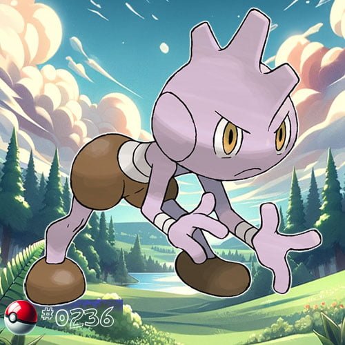 Hitmonlee 2 Tyrogue is small, humanoid Pokémon with purple skin, a blue headband, and a determined expression.